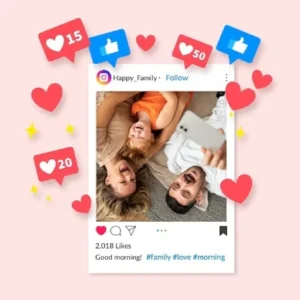 Instagram post of a happy family surrounded by like and follow icons — showing the results of using a genuine buy Instagram likes app for increased interaction.