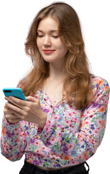 Woman checking her phone next to TikTok custom comment packages starting at $4 with real, risk-free engagement