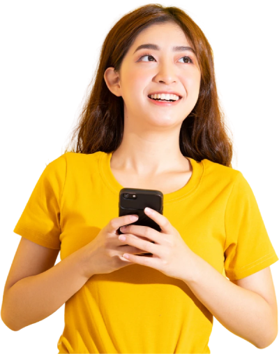 Smiling young woman in yellow holding a phone with a gradient background, representing happiness after gaining free TikTok followers.