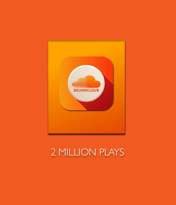 SoundCloud logo with “2 million plays” on an orange card, illustrating a bulk option for artists who want to buy SoundCloud plays cheap.