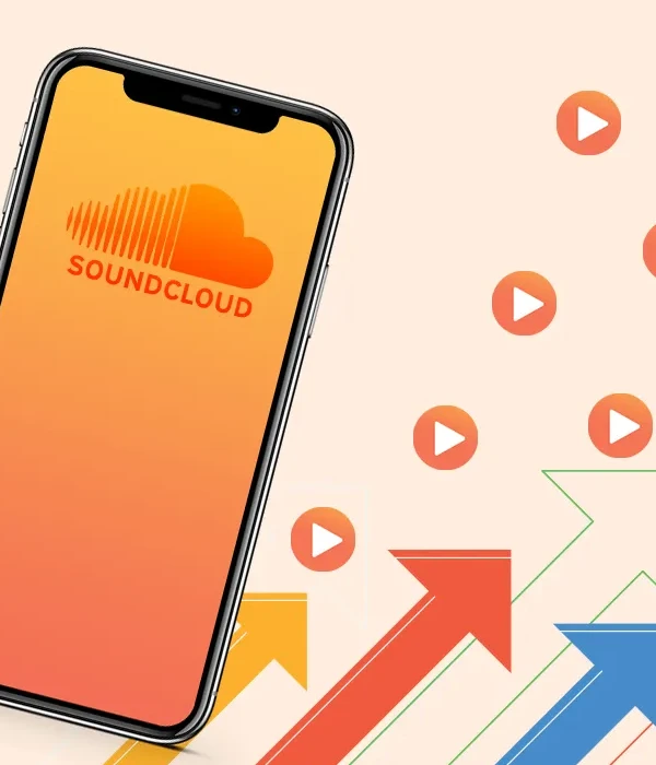 Phone screen showing SoundCloud app with upward arrows and play icons, symbolizing growth after buying SoundCloud plays.