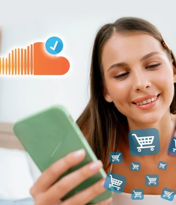 Smiling creator scrolling on her phone, adding a promo bundle to cart, buying SoundCloud plays to bump her tracks higher in the feed.
